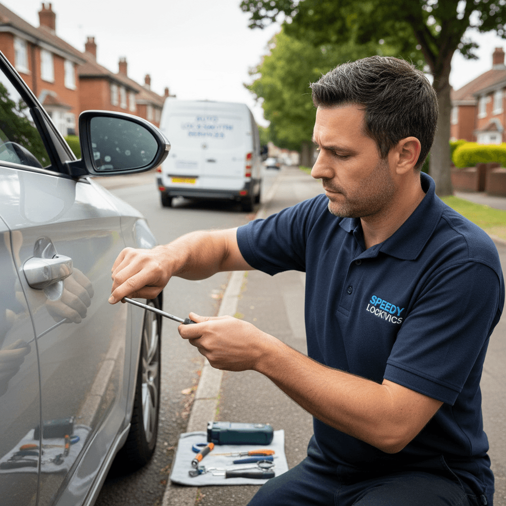 Auto locksmith working on car